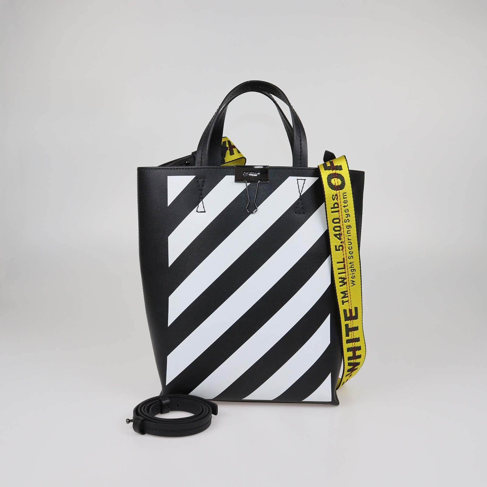 Off-White Black/White Leather Diagonal Striped Tote