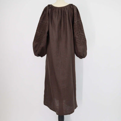 Etnodim Dark Brown Linen Embroidered Velina Dress