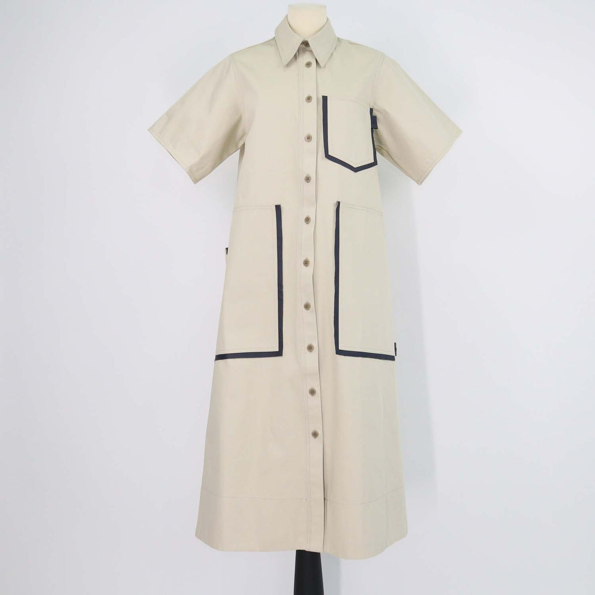 Lee Mathews Beige Cotton Pocket Short Sleeve Long Dress