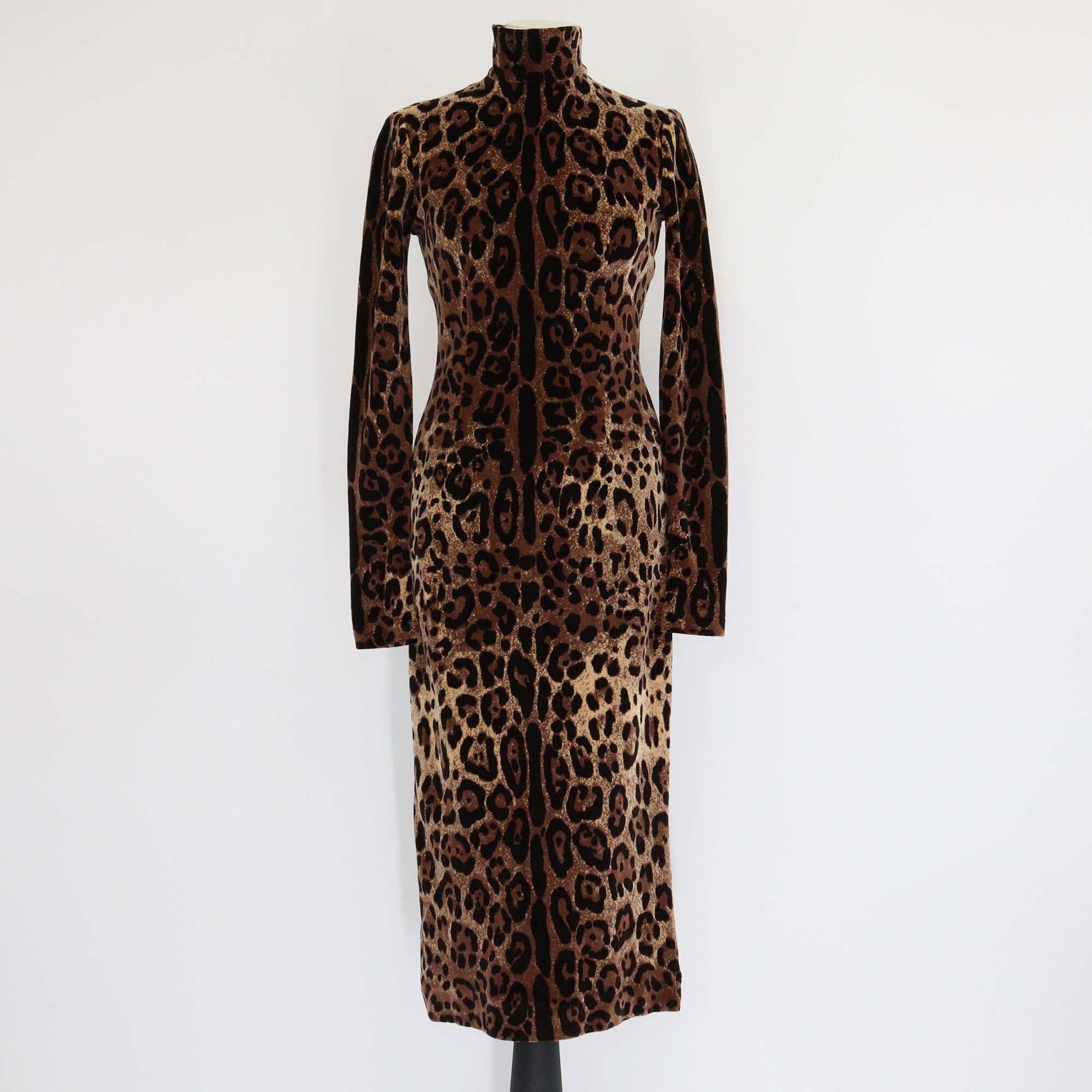Dolce & Gabbana Brown Leopard Print Blended Cotton Turtleneck Long Sleeve Midi Dress Womens Dolce & Gabbana 