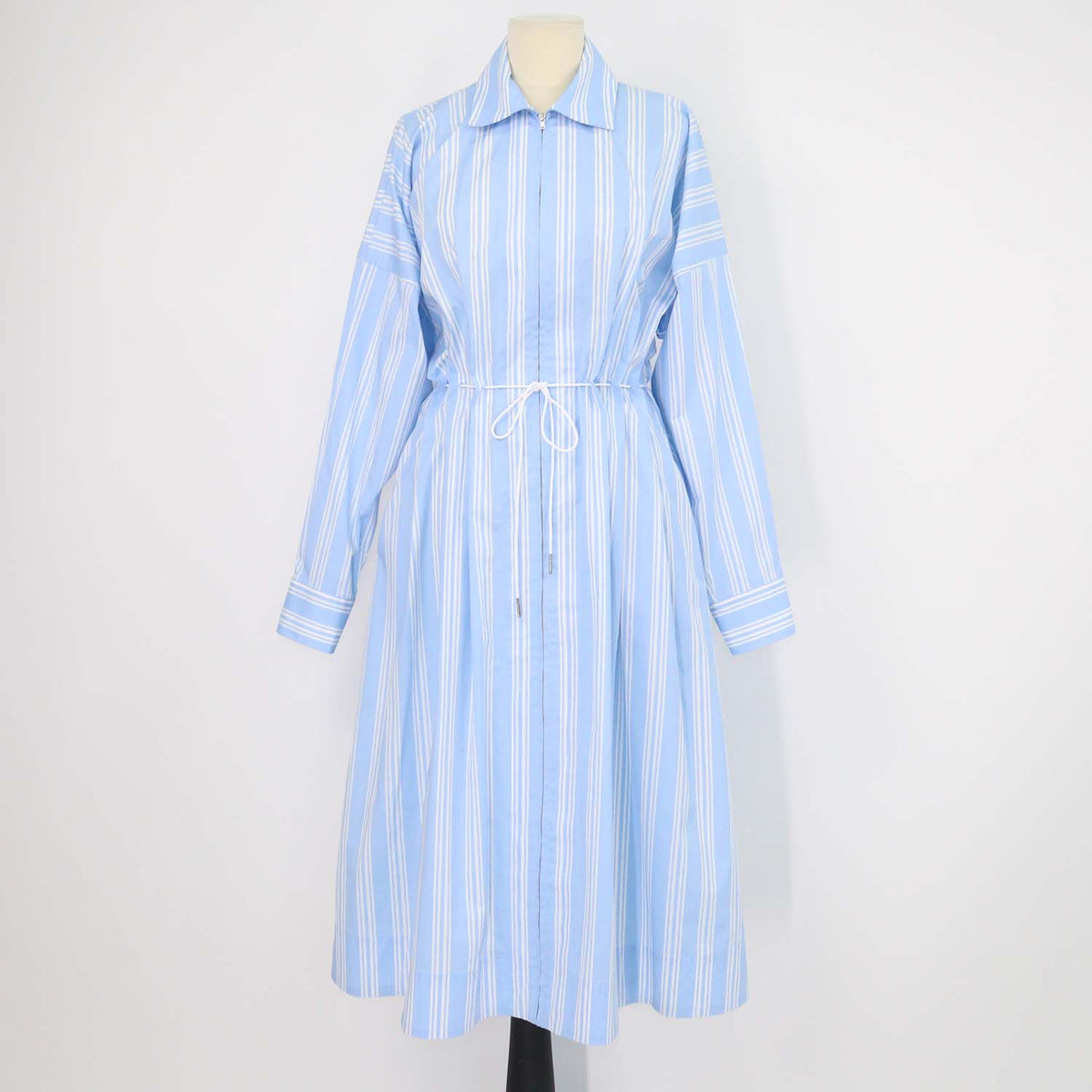 Staud Light Blue/White Cotton Striped Front Zip Tie Belt Midi Dress