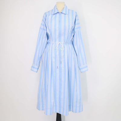 Staud Light Blue/White Cotton Striped Front Zip Tie Belt Midi Dress