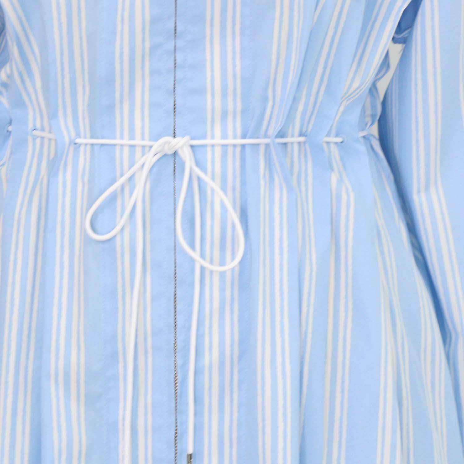 Staud Light Blue/White Cotton Striped Front Zip Tie Belt Midi Dress