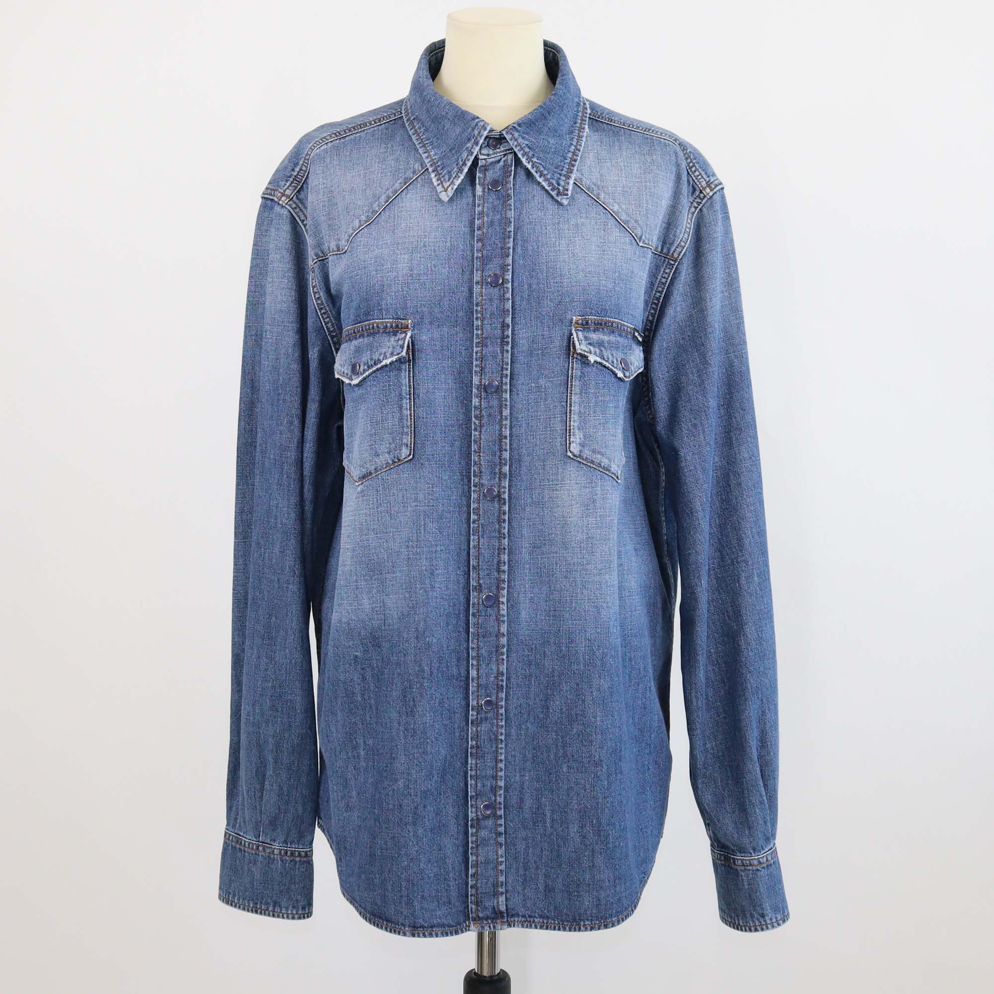 Dolce & Gabbana Blue Washed Denim Double Front Pocket Long Sleeve Shirt