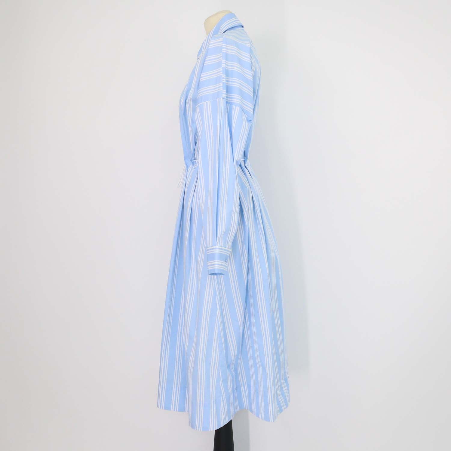Staud Light Blue/White Cotton Striped Front Zip Tie Belt Midi Dress