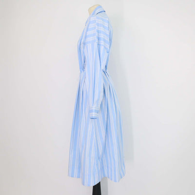 Staud Light Blue/White Cotton Striped Front Zip Tie Belt Midi Dress
