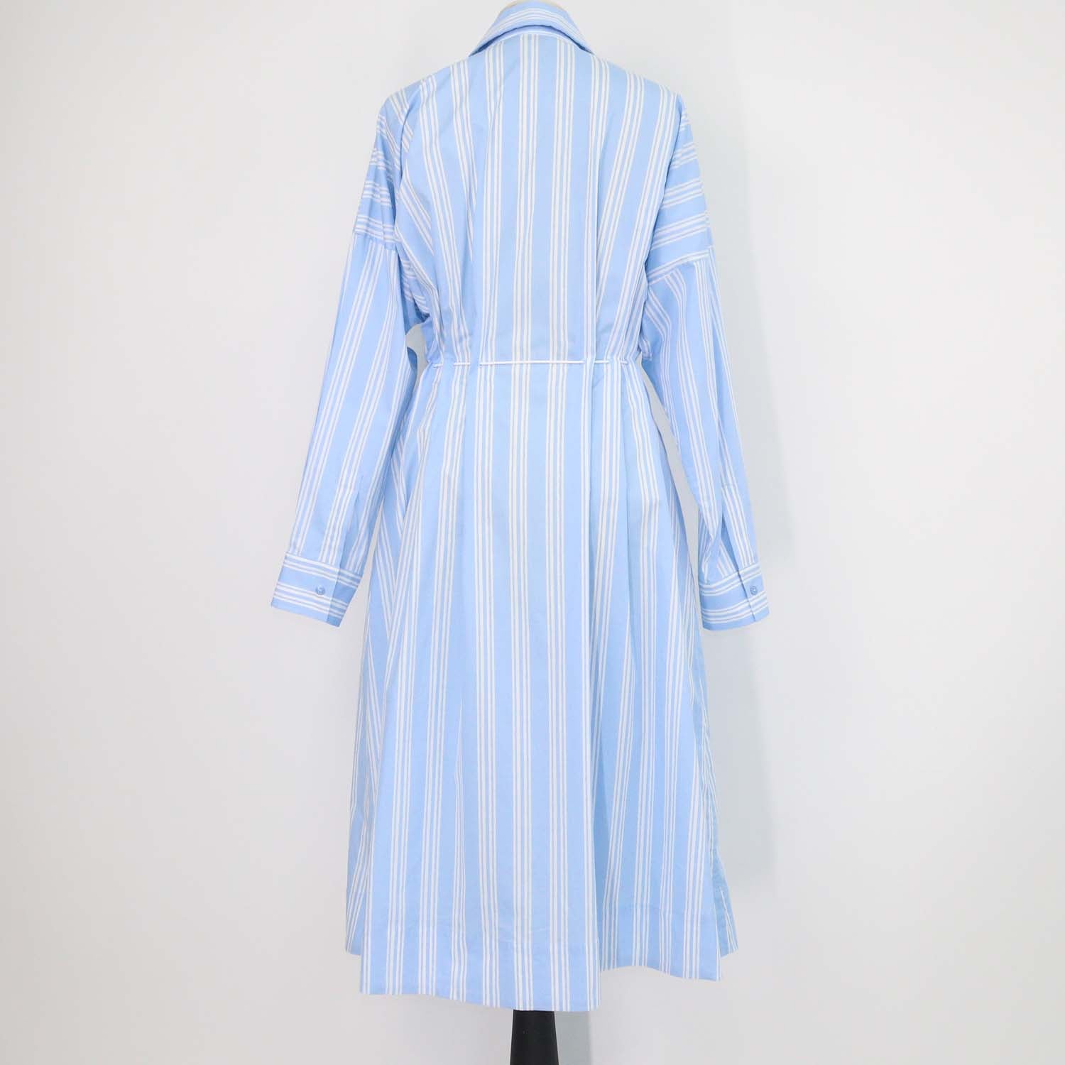 Staud Light Blue/White Cotton Striped Front Zip Tie Belt Midi Dress