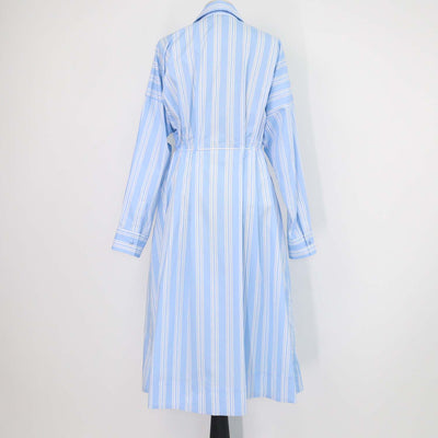 Staud Light Blue/White Cotton Striped Front Zip Tie Belt Midi Dress