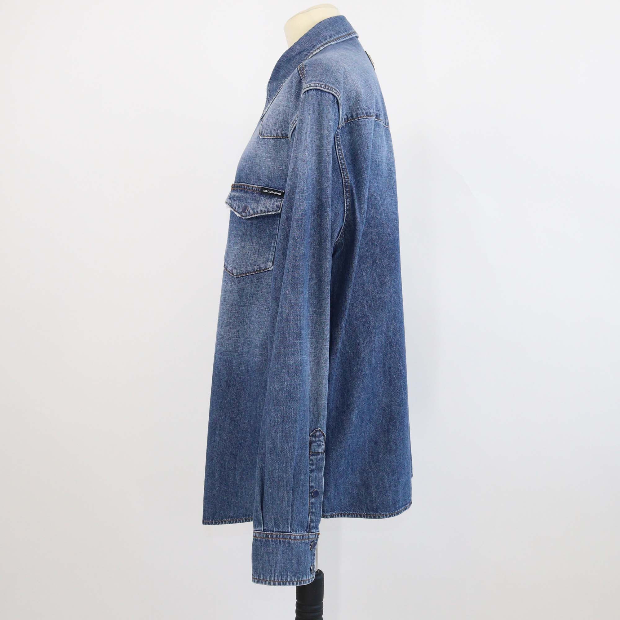Dolce & Gabbana Blue Washed Denim Double Front Pocket Long Sleeve Shirt