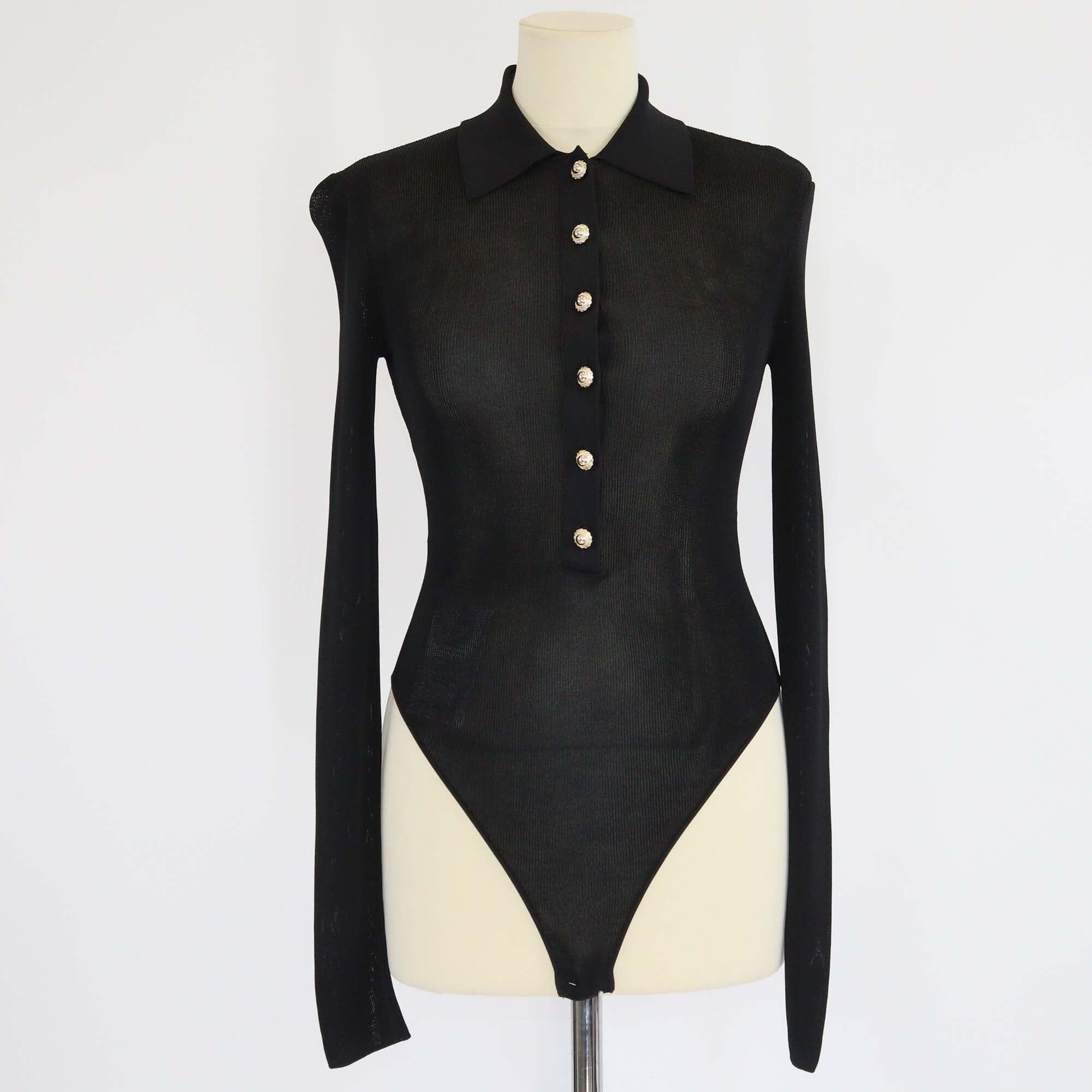 Self Portrait Black Knit Viscose Long Sleeve Bodysuit Womens Self Portrait 