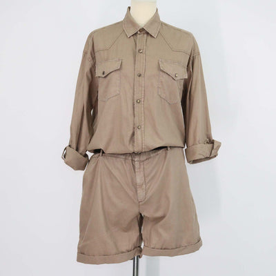 Brunello Cucinelli Beige Cotton Beaded Belted Short Jumpsuit