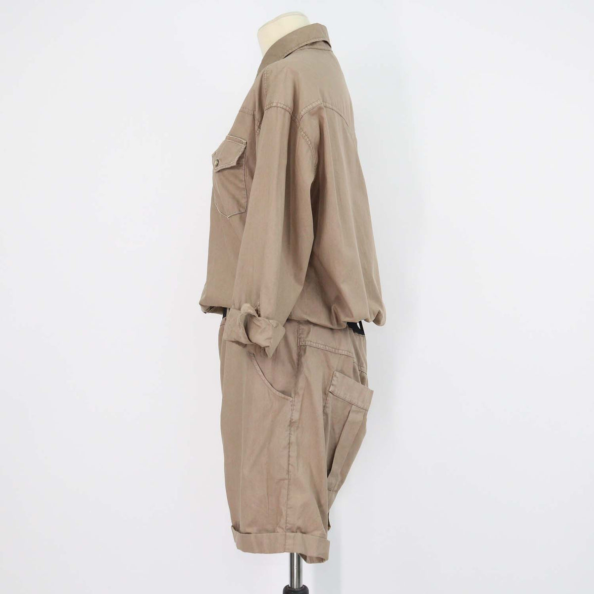 Brunello Cucinelli Beige Cotton Beaded Belted Short Jumpsuit