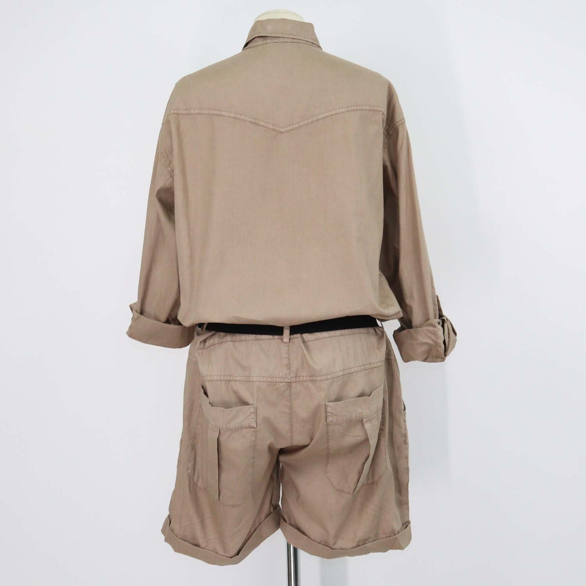 Brunello Cucinelli Beige Cotton Beaded Belted Short Jumpsuit