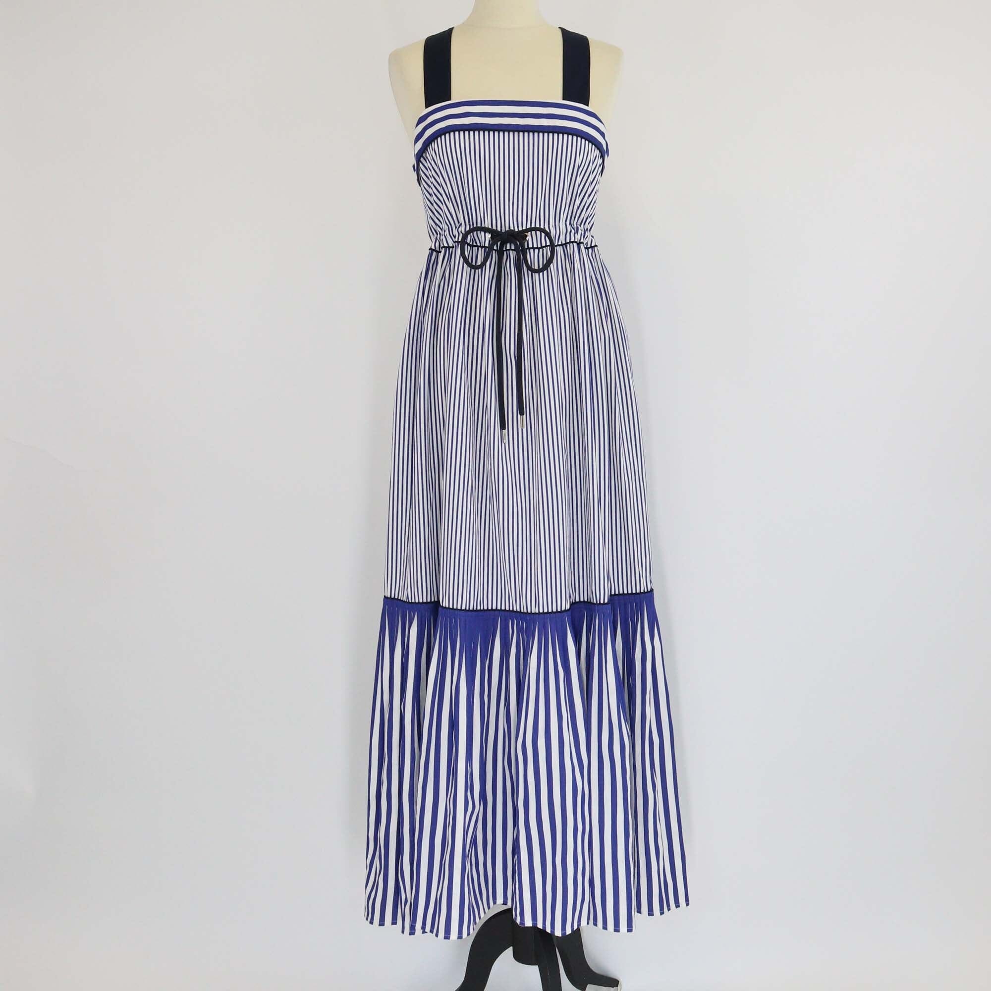 Tommy Hilfiger Blue/White Cotton Striped Pleated Sleeveless Maxi Dress Womens Tommy Hilfiger 