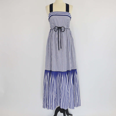 Tommy Hilfiger Blue/White Cotton Striped Pleated Sleeveless Maxi Dress Womens Tommy Hilfiger 