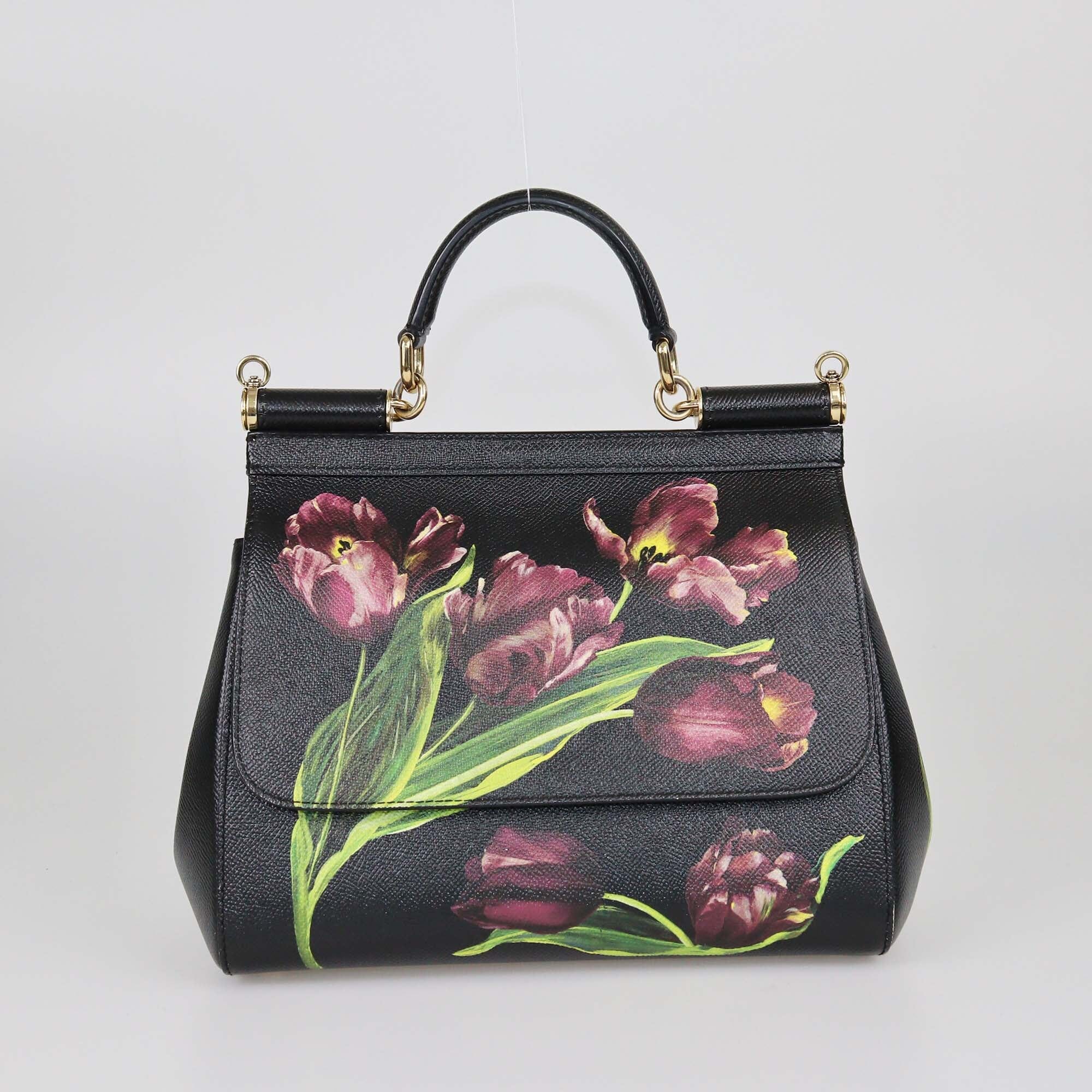 Dolce & Gabbana Black Tulip Print Medium Miss Sicily Top Handle Bag Womens Dolce & Gabbana 