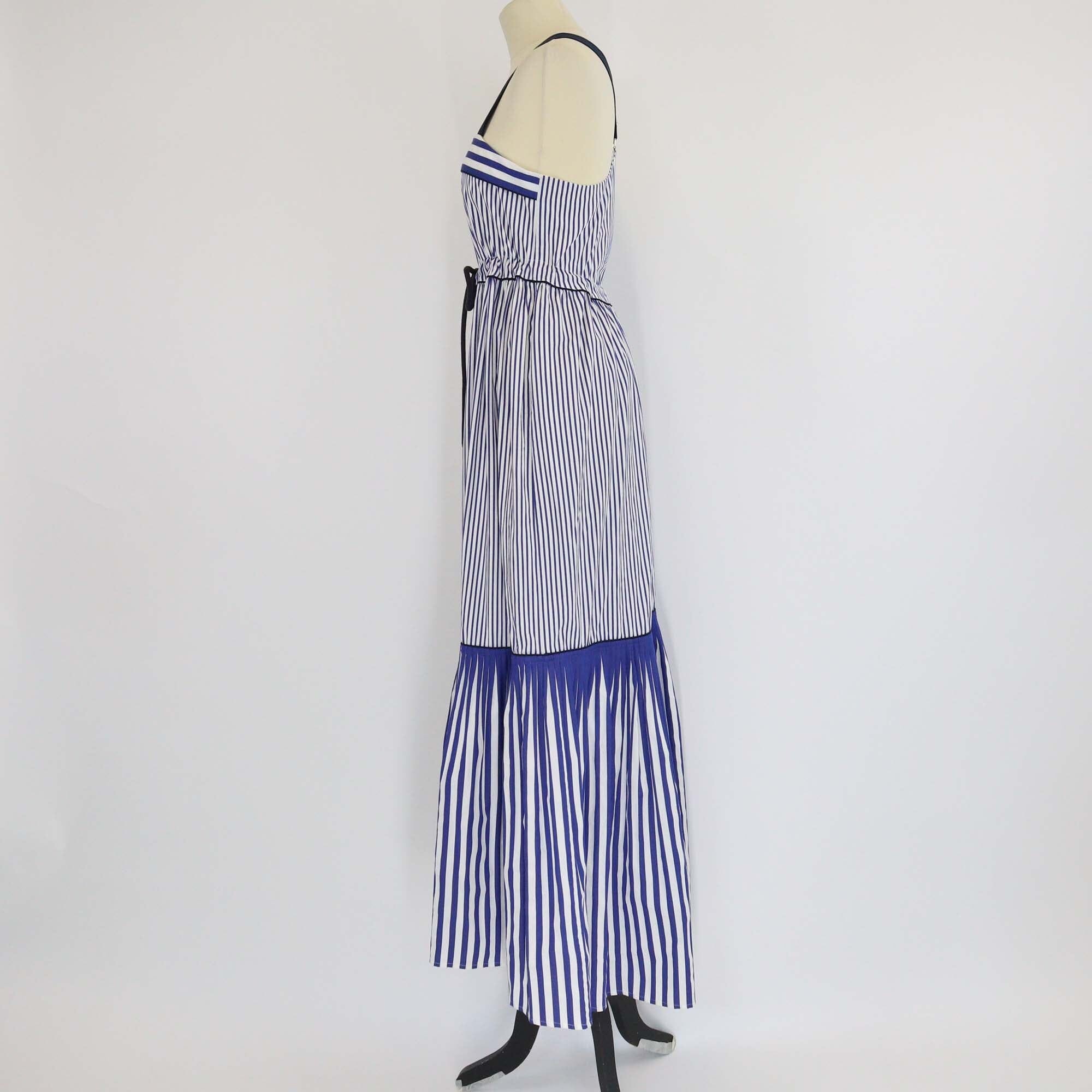 Tommy Hilfiger Blue/White Cotton Striped Pleated Sleeveless Maxi Dress Womens Tommy Hilfiger 