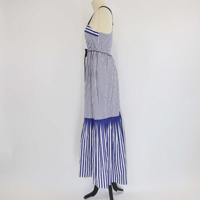 Tommy Hilfiger Blue/White Cotton Striped Pleated Sleeveless Maxi Dress Womens Tommy Hilfiger 