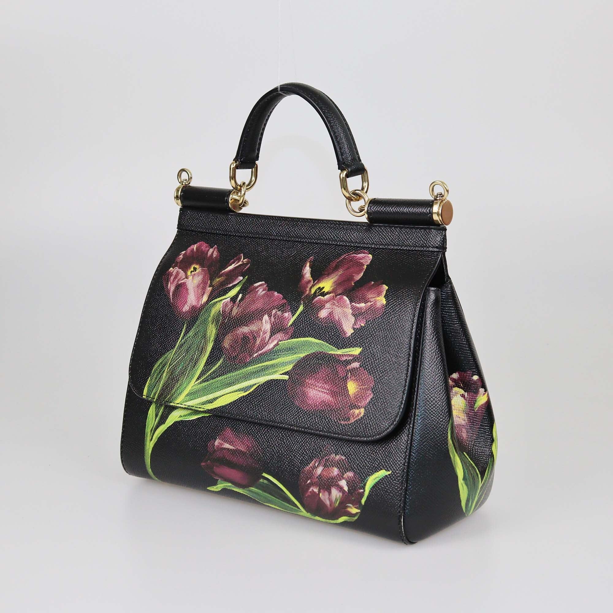 Dolce & Gabbana Black Tulip Print Medium Miss Sicily Top Handle Bag Womens Dolce & Gabbana 