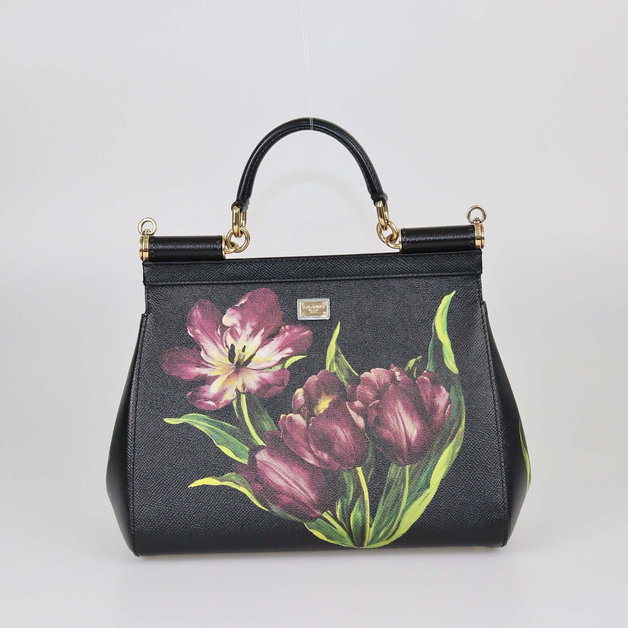 Dolce & Gabbana Black Tulip Print Medium Miss Sicily Top Handle Bag Womens Dolce & Gabbana 