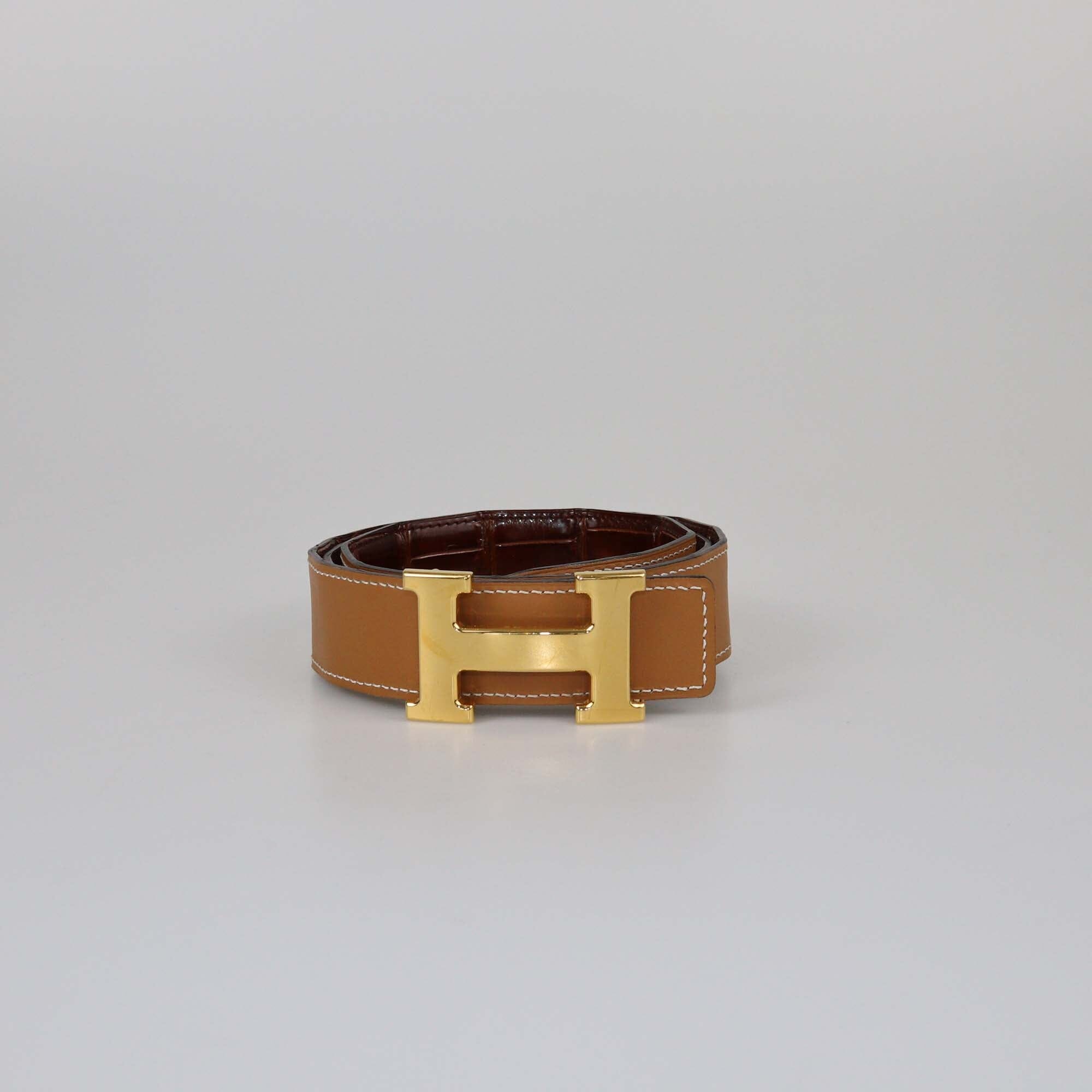 Hermes Miel Shine Crocodile Porosus H Buckle Belt Womens Hermes 