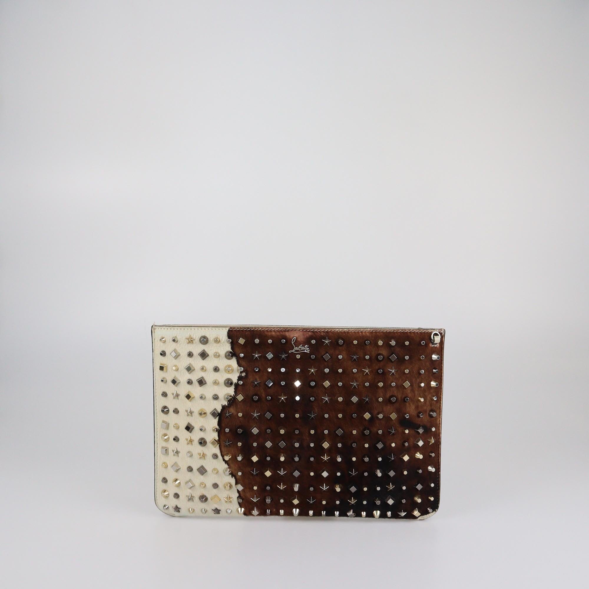 Christian Louboutin Brown/Off White Pony Hair Studded Clutch Womens Christian Louboutin 