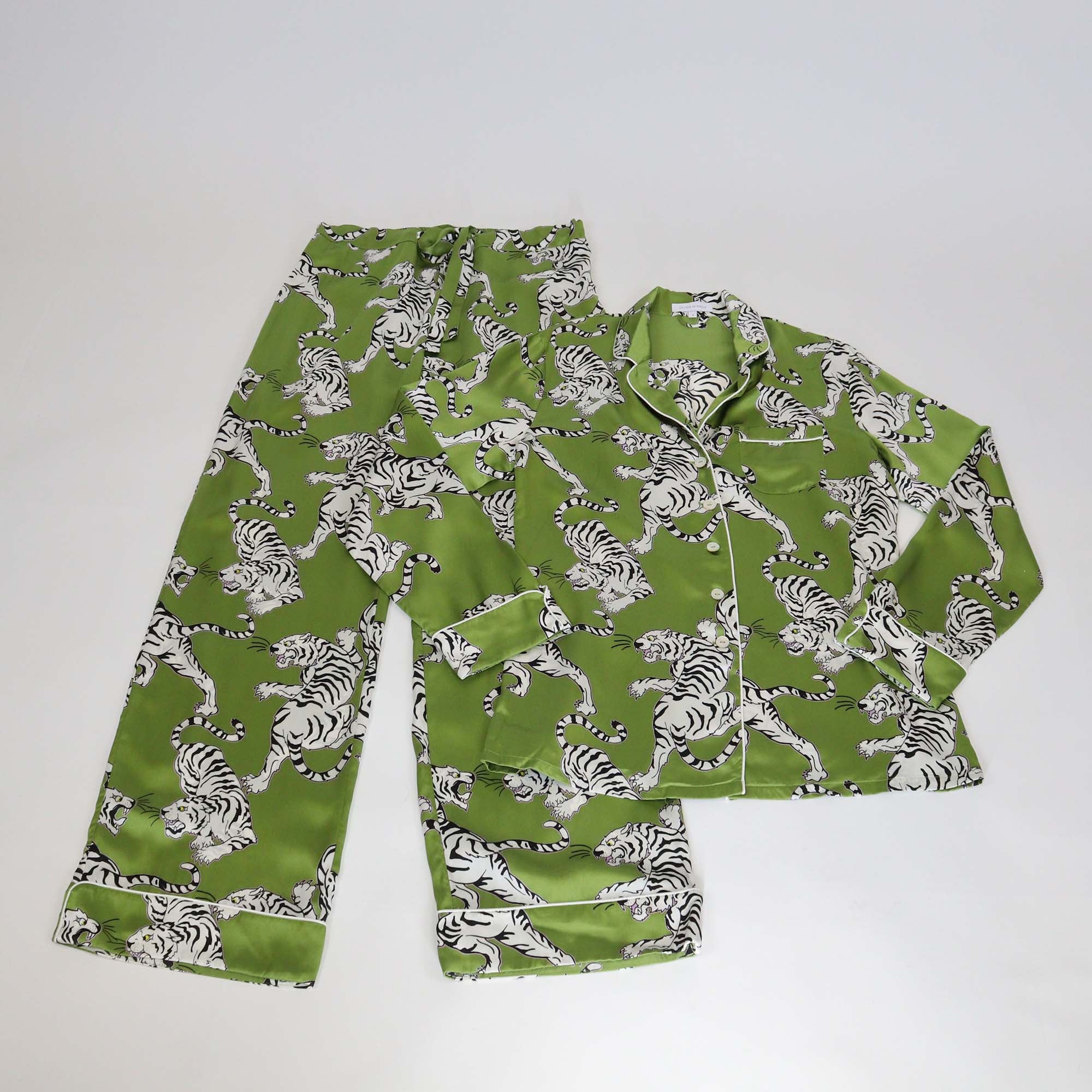 Olivia von Halle Green Lila Rola Tiger Print Silk Classic Pajama Set