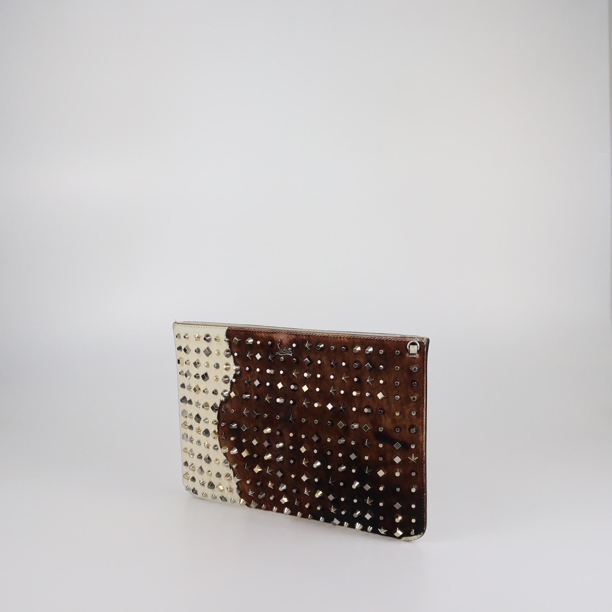 Christian Louboutin Brown/Off White Pony Hair Studded Clutch Womens Christian Louboutin 