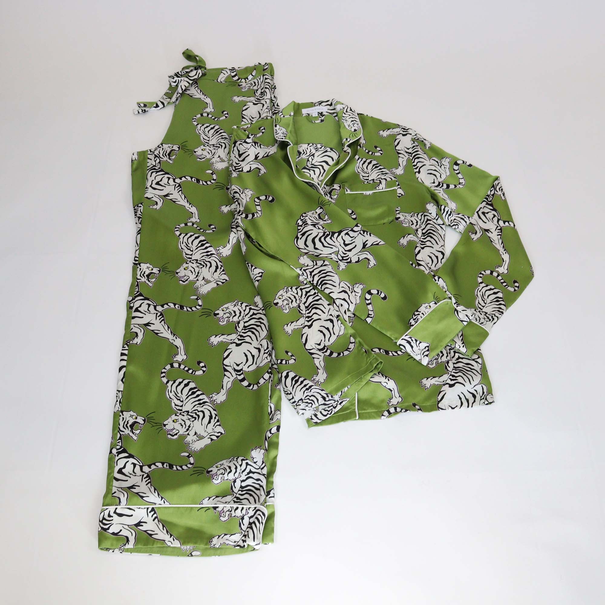 Olivia von Halle Green Lila Rola Tiger Print Silk Classic Pajama Set
