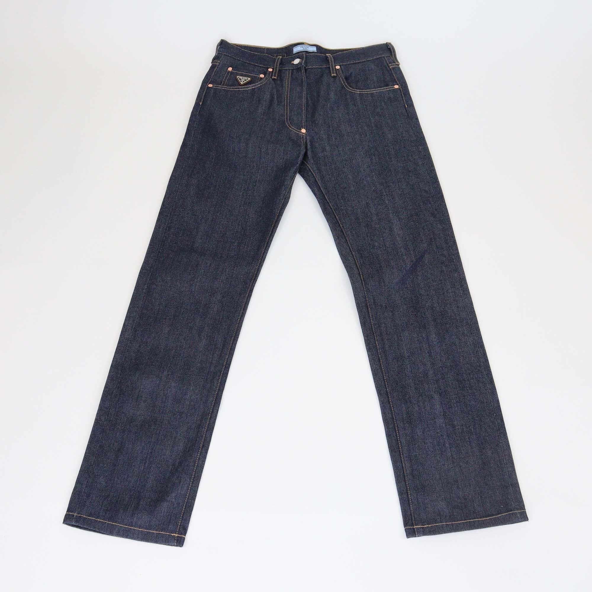 Prada Dark Blue Denim Button Fly Straight Pants Womens Prada 