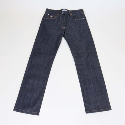 Prada Dark Blue Denim Button Fly Straight Pants Womens Prada 