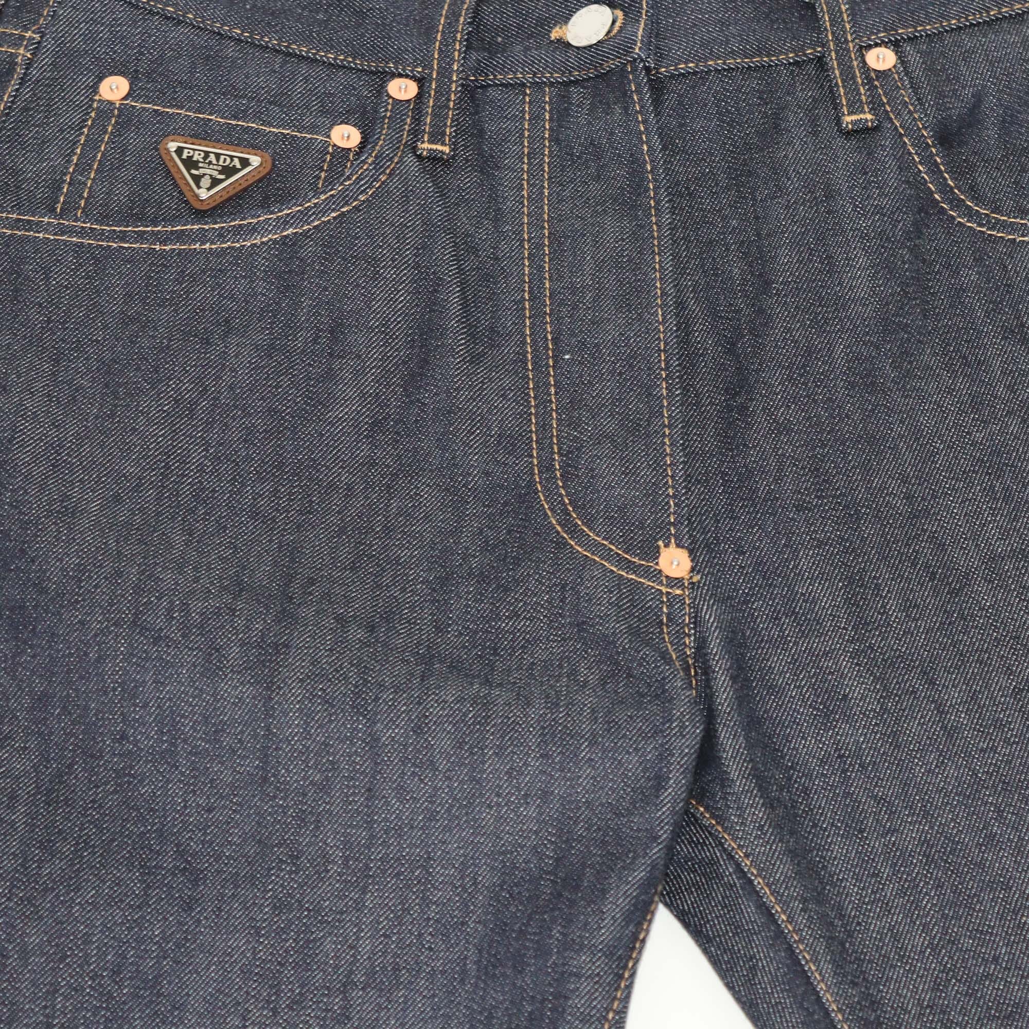 Prada Dark Blue Denim Button Fly Straight Pants Womens Prada 