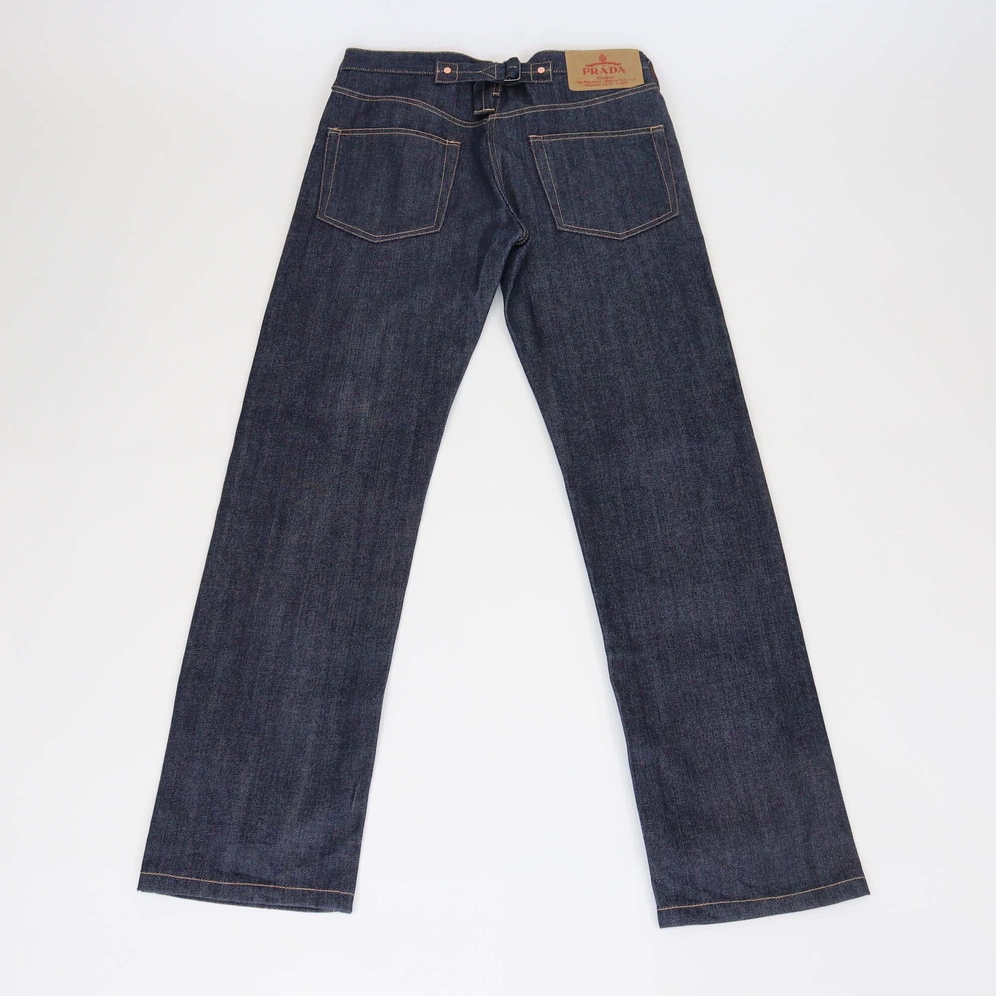 Prada Dark Blue Denim Button Fly Straight Pants Womens Prada 