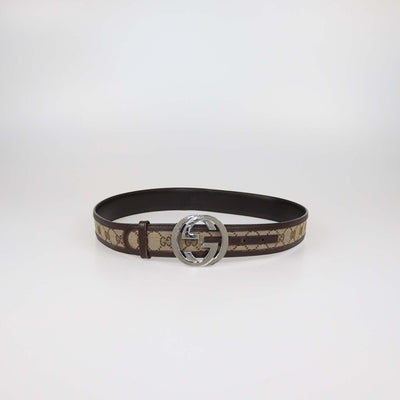 Gucci Brown/Beige GG Canvas and Leather Interlocking G Buckle Belt