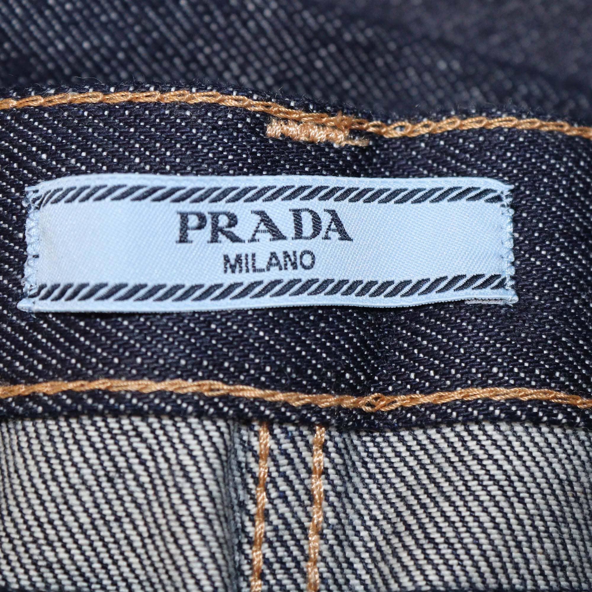 Prada Dark Blue Denim Button Fly Straight Pants Womens Prada 