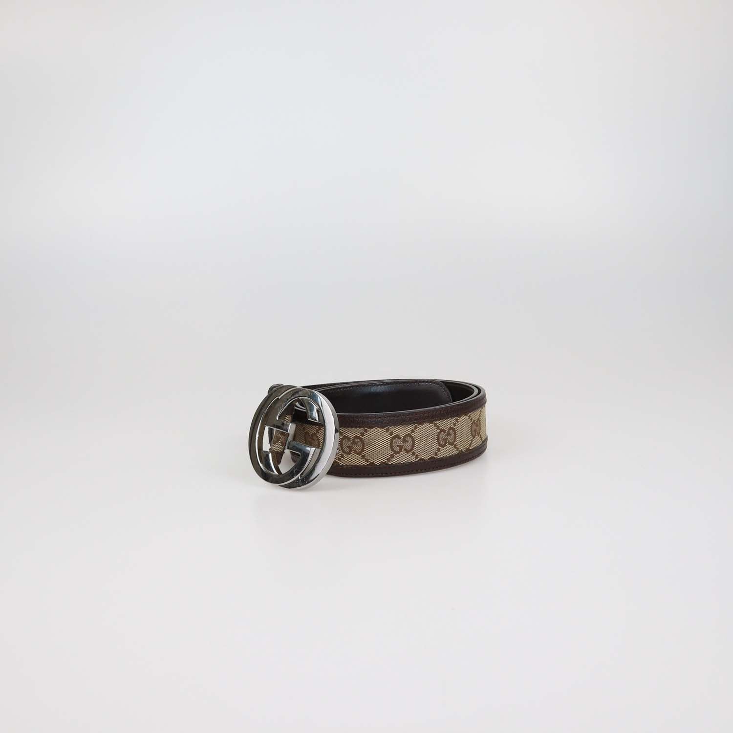 Gucci Brown/Beige GG Canvas and Leather Interlocking G Buckle Belt