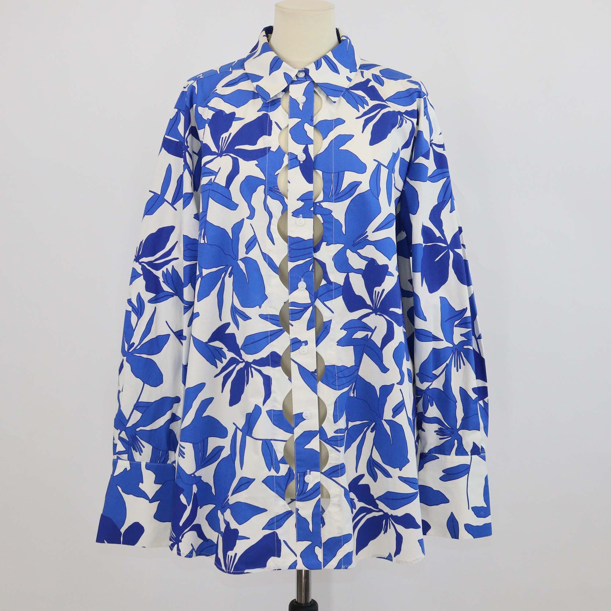 Shona Joy Ivory/Aqua Cotton Scallop Cutout Oversized Shirt