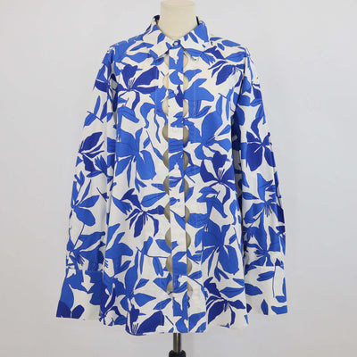 Shona Joy Ivory/Aqua Cotton Scallop Cutout Oversized Shirt