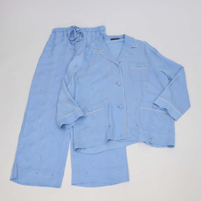 Gucci Blue Silk Blended Crystal Beads Embellished Long Sleeve Shirt & Trouser Set