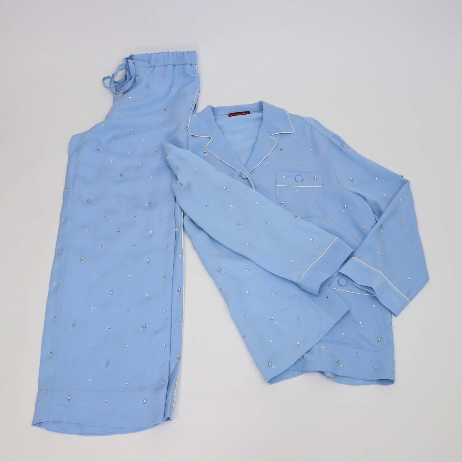 Gucci Blue Silk Blended Crystal Beads Embellished Long Sleeve Shirt & Trouser Set