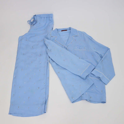 Gucci Blue Silk Blended Crystal Beads Embellished Long Sleeve Shirt & Trouser Set