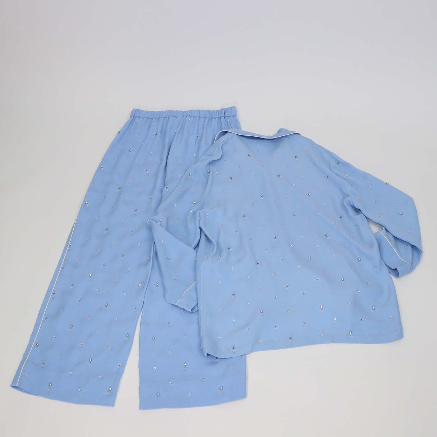 Gucci Blue Silk Blended Crystal Beads Embellished Long Sleeve Shirt & Trouser Set
