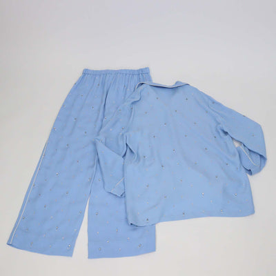 Gucci Blue Silk Blended Crystal Beads Embellished Long Sleeve Shirt & Trouser Set