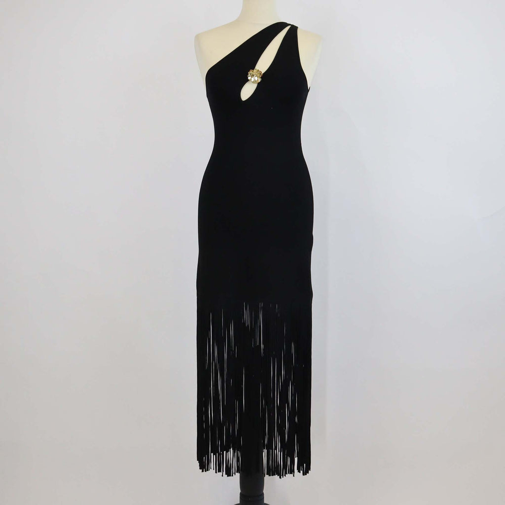 sandro fringed midi dress Sandro Black Viscose Knitted One Shoulder Fringe Midi Dress