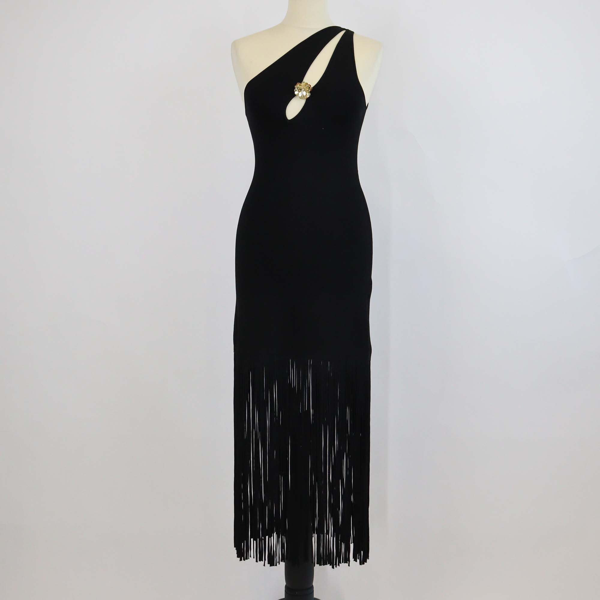 Sandro Black Viscose Knitted One Shoulder Fringe Midi Dress