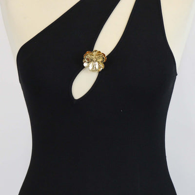 Sandro Black Viscose Knitted One Shoulder Fringe Midi Dress