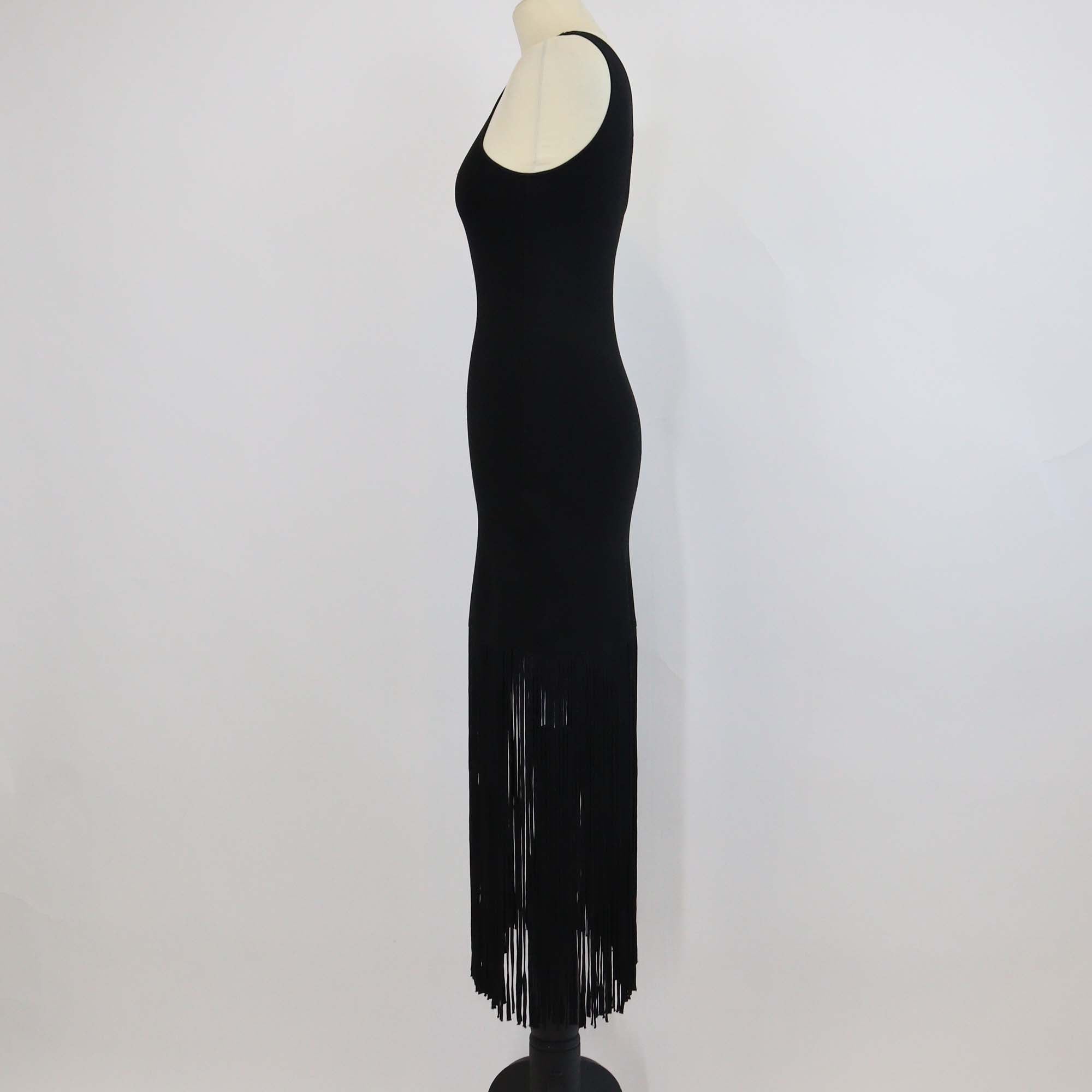 Sandro Black Viscose Knitted One Shoulder Fringe Midi Dress