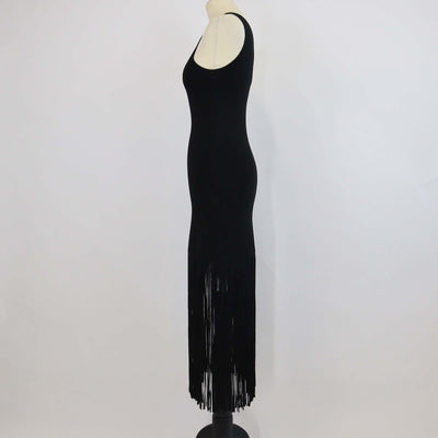 Sandro Black Viscose Knitted One Shoulder Fringe Midi Dress