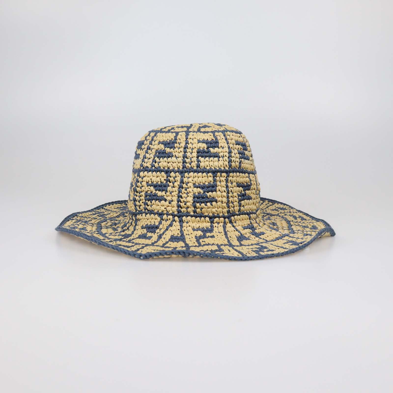 Fendi Blue/Natural FF Raffia Wide Brimmed Hat