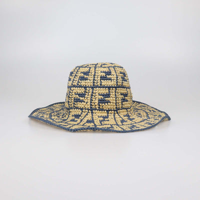 Fendi Blue/Natural FF Raffia Wide Brimmed Hat